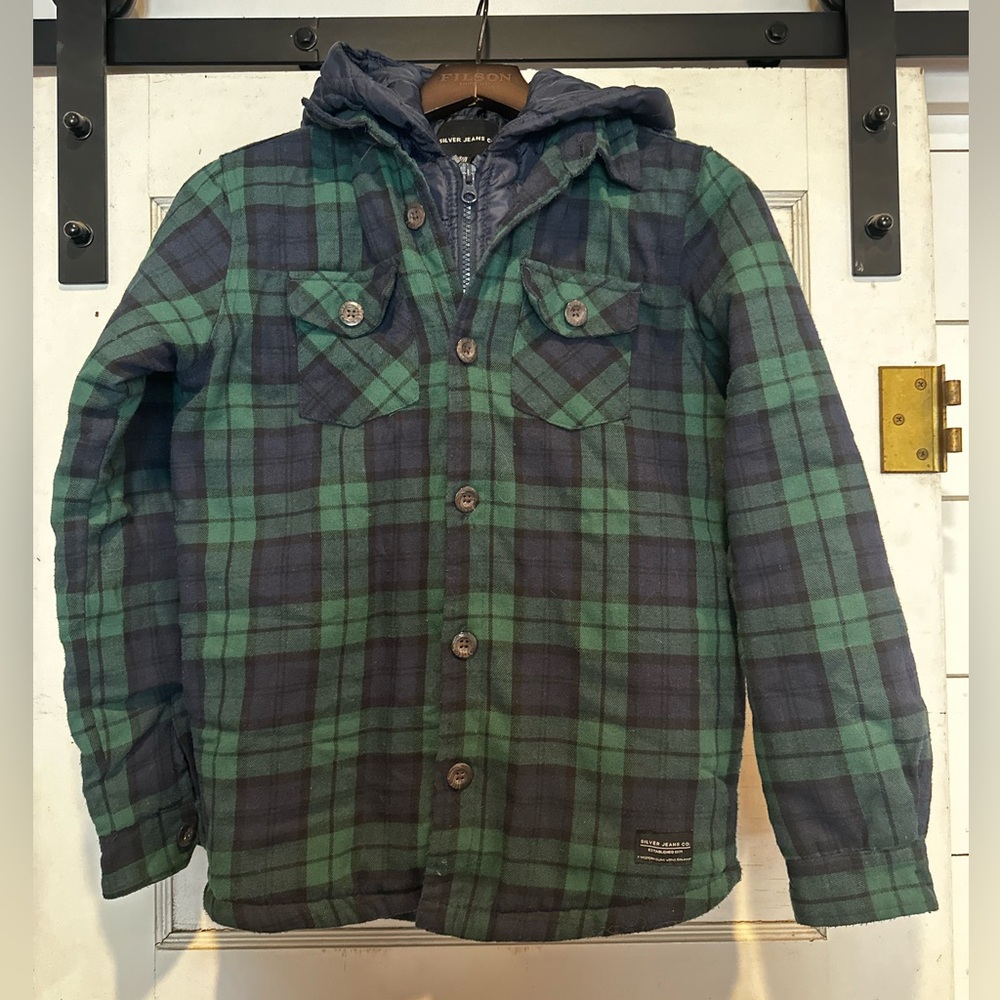 Silver Jeans Green & Navy Plaid Hooded Shirt Jacket